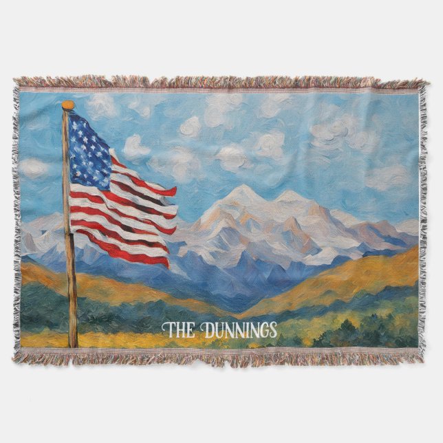 Impressionist American Flag and Mountains Throw Blanket (Front)