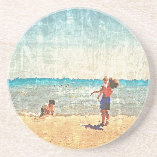 Impressionist Beach Scene Watercolor Coaster (Front)