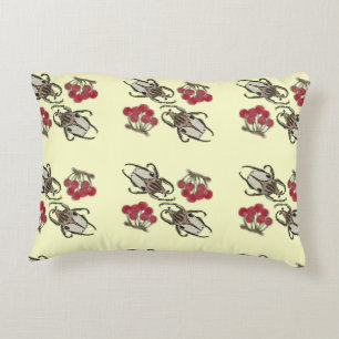 Impressionist Beetle & Cherry Watercolor Pattern Accent Pillow
