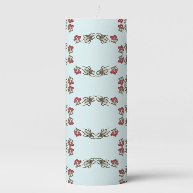 Impressionist Beetle & Cherry Watercolor Pattern Pillar Candle (Front)