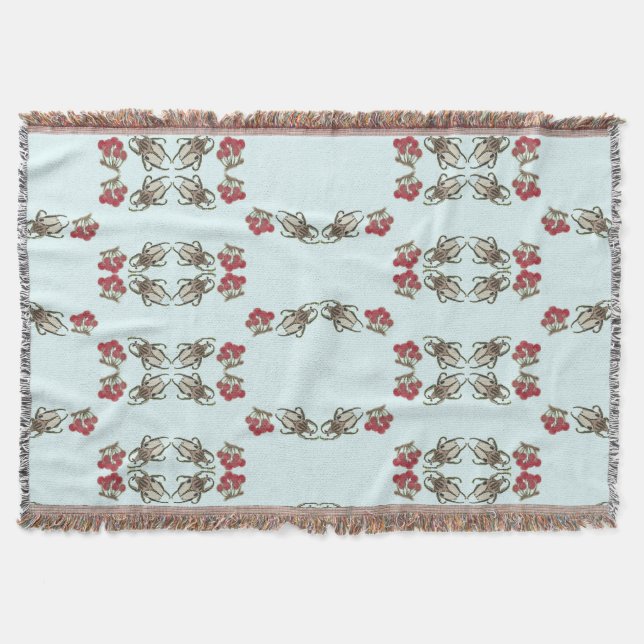 Impressionist Beetle & Cherry Watercolor Pattern Throw Blanket (Front)
