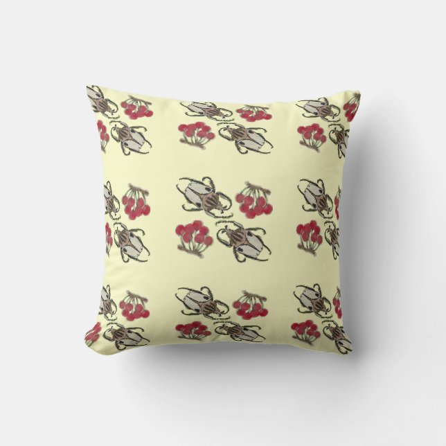 Impressionist Beetle & Cherry Watercolor Pattern Throw Pillow (Front)
