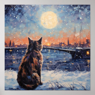 Impressionist Cat Overlooking Water in Winter Poster