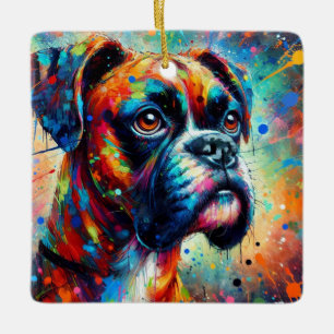 Impressionist Colorful Pop Art Boxer Dog Painting Ceramic Ornament
