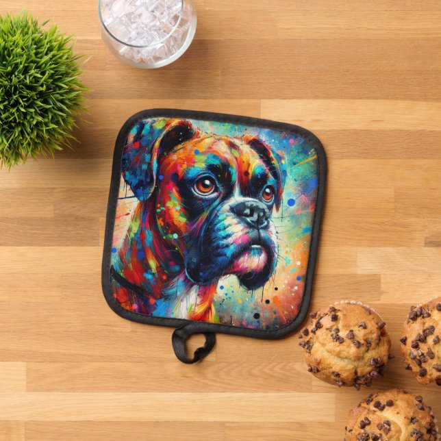 Impressionist Colorful Pop Art Boxer Dog Painting  Pot Holder (Top Down)