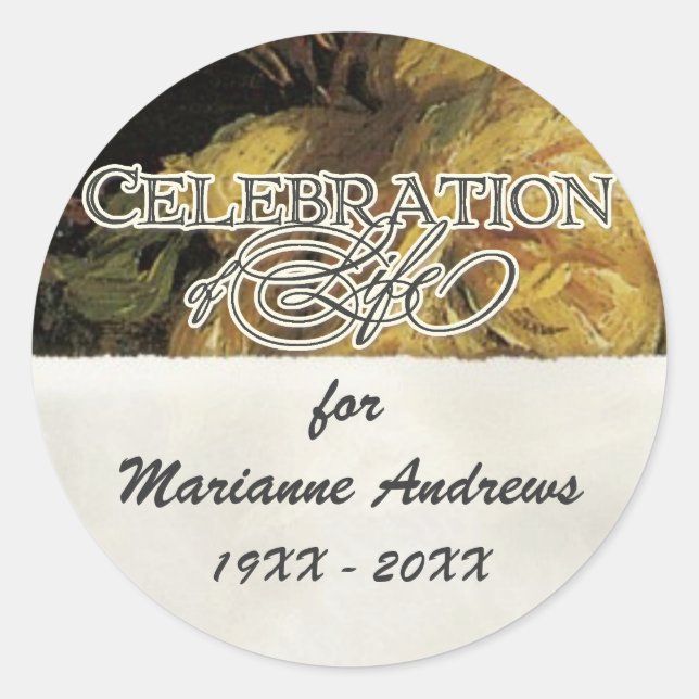 Impressionist Coral Yellow Rose 2 Memorial Service Classic Round Sticker (Front)