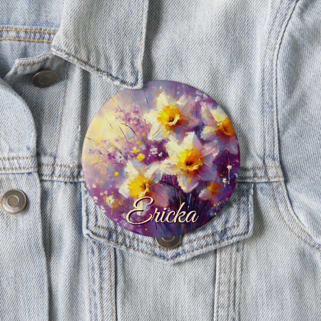 Impressionist Daffodil Floral Purple Personalized Button (In Situ)