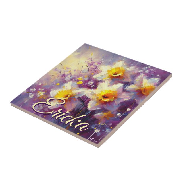 Impressionist Daffodil Floral Purple Personalized Ceramic Tile (Side)