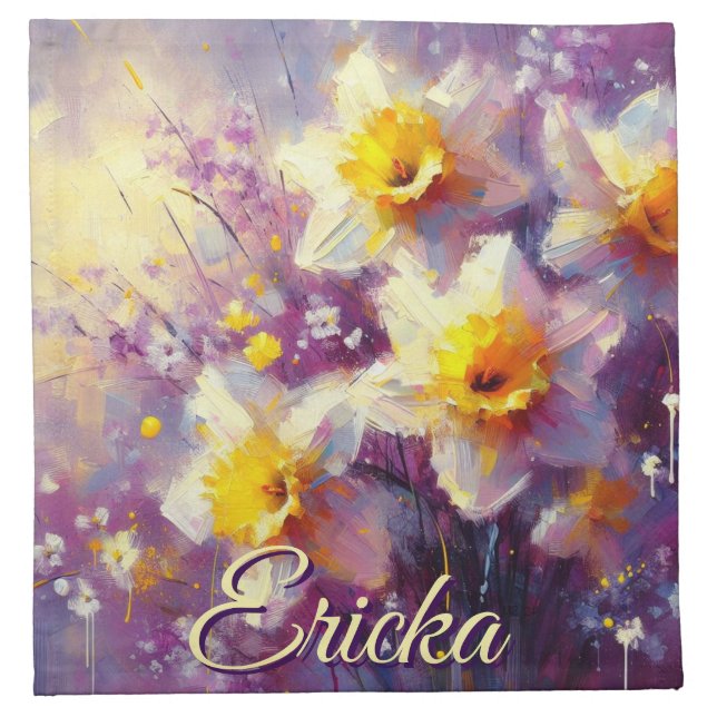 Impressionist Daffodil Floral Purple Personalized Cloth Napkin (Front)