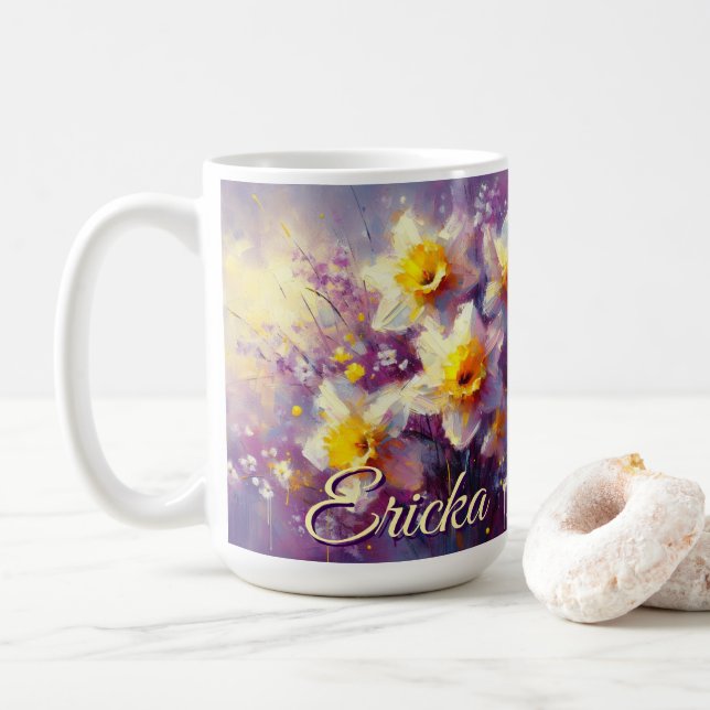 Impressionist Daffodil Floral Purple Personalized Coffee Mug (With Donut)