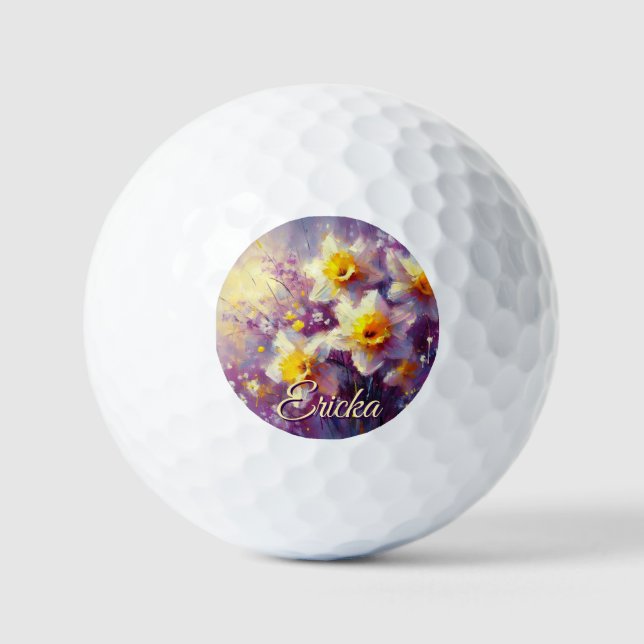 Impressionist Daffodil Floral Purple Personalized Golf Balls (Front)