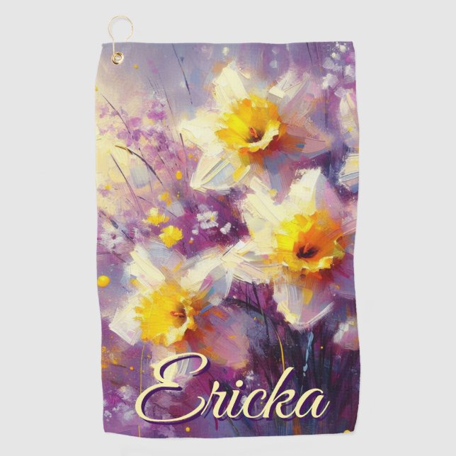 Impressionist Daffodil Floral Purple Personalized Golf Towel (Front)