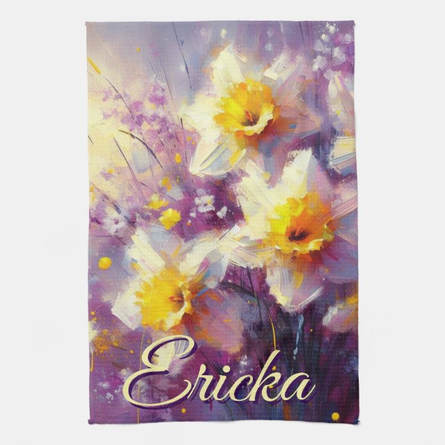 Impressionist Daffodil Floral Purple Personalized Kitchen Towel (Vertical)