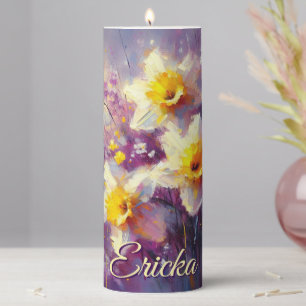 Impressionist Daffodil Floral Purple Personalized Pillar Candle