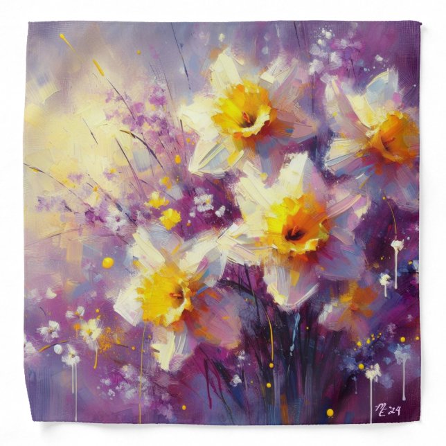 Impressionist Daffodil Floral Purple Yellow Art Bandana (Front)