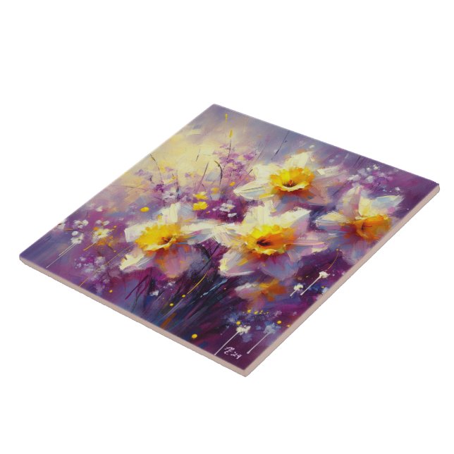 Impressionist Daffodil Floral Purple Yellow Art Ceramic Tile (Side)