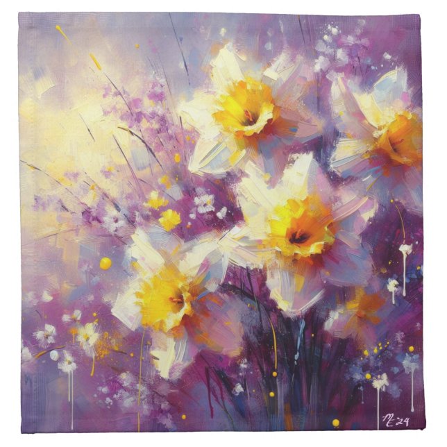 Impressionist Daffodil Floral Purple Yellow Art Cloth Napkin (Front)