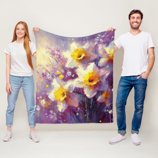 Impressionist Daffodil Floral Purple Yellow Art Fleece Blanket (In Situ)