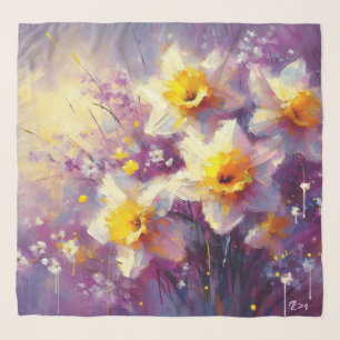 Impressionist Daffodil Floral Purple Yellow Art Scarf