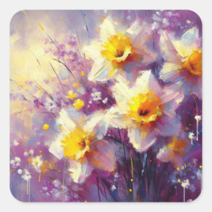 Impressionist Daffodil Floral Purple Yellow Art Square Sticker