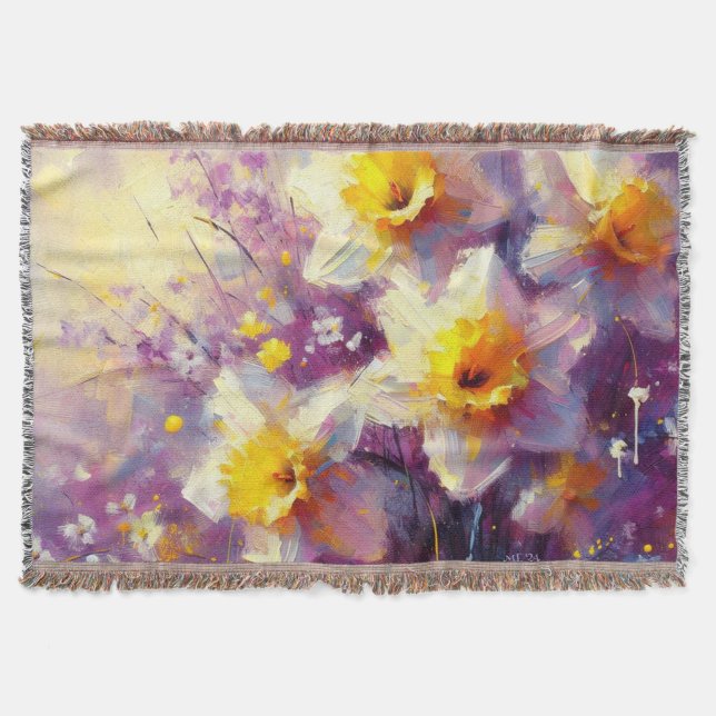 Impressionist Daffodil Floral Purple Yellow Art Throw Blanket (Front)