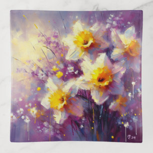 Impressionist Daffodil Floral Purple Yellow Art Trinket Tray