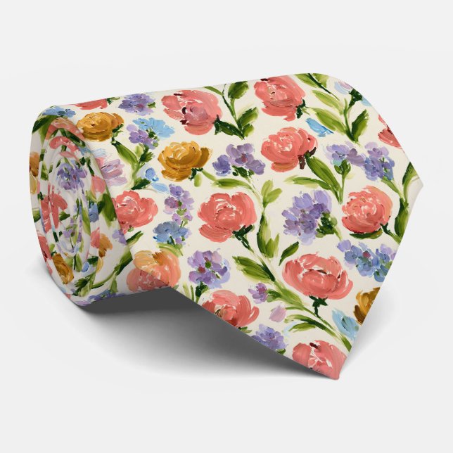 Impressionist Floral Garden Pattern Neck Tie (Rolled)