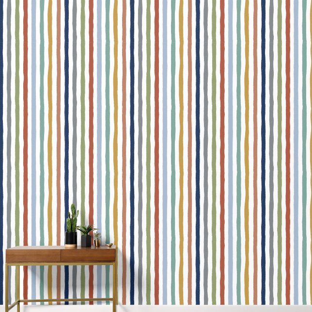 Impressionist-Inspired Colors Hand-Drawn Stripes Wallpaper (Hallway)