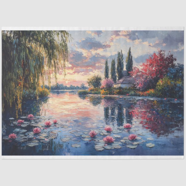 Impressionist Landscape Willow Lotus Decoupage Tissue Paper (Front)