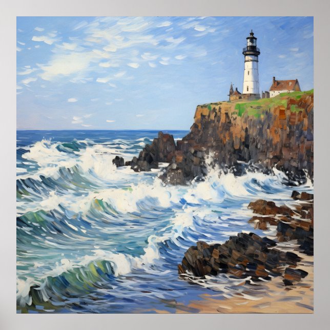 Impressionist Lighthouse Painting In Coastal Land Poster (Front)