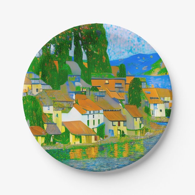 Impressionist  Mediterranean Village by the Sea   Paper Plates (Front)