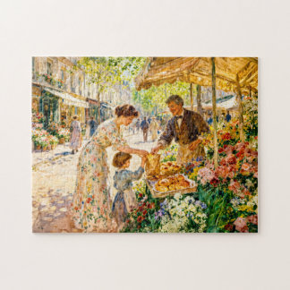 Impressionist Mother and Child at Colorful Market Jigsaw Puzzle