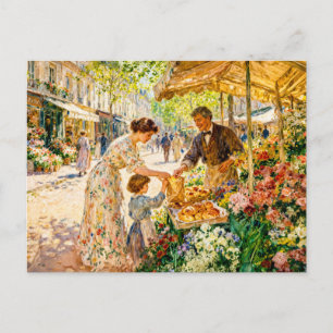 Impressionist Mother and Child at Colorful Market Postcard