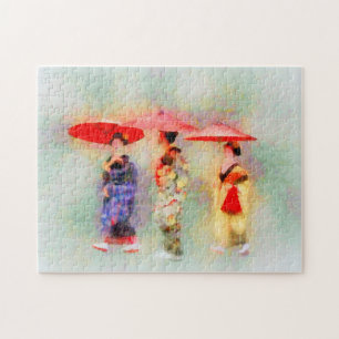 Impressionist Painting of Three Little Maiko Jigsaw Puzzle