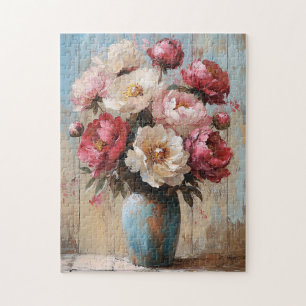 Impressionist Pink Flowers Blue Vase Jigsaw Puzzle