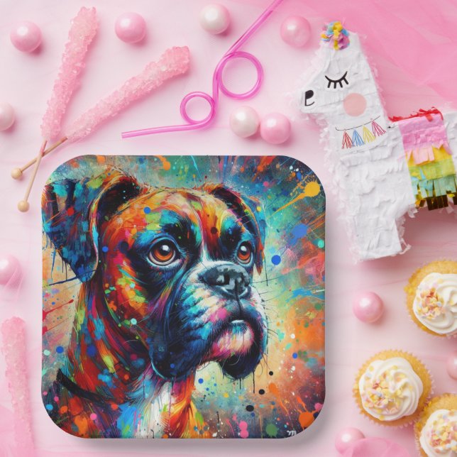 Impressionist Pop Art Boxer Dog Organization Paper Plates (Party)