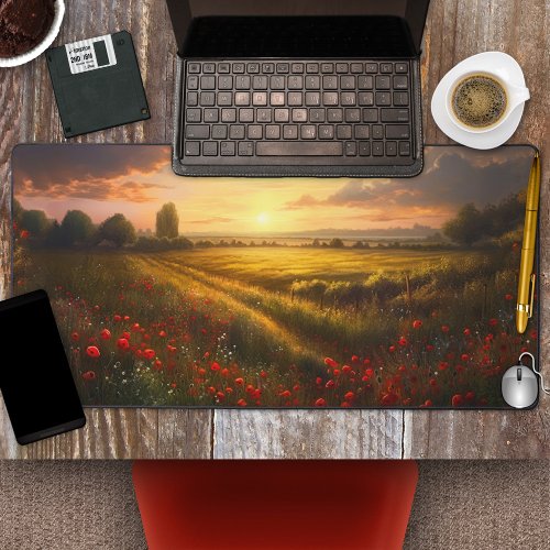 Impressionist Poppy Field Sunset Landscape Desk Mat