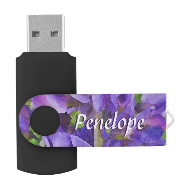Impressionist Purple Flowers Add Your Name Flash Drive (Opened)