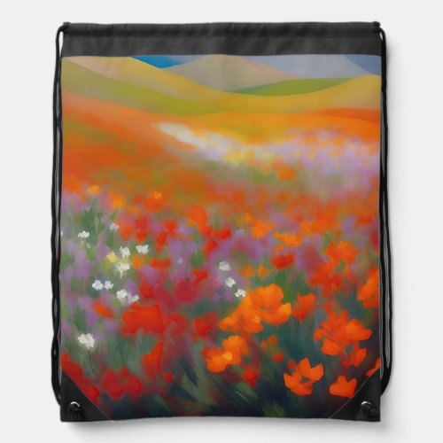Impressionist Red Flowers and Hills Drawstring Bag
