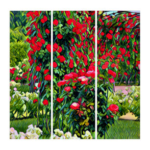Impressionist Red Rose Garden Triptych Wall Art
