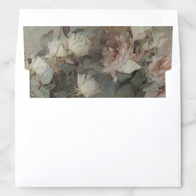 Impressionist Roses Pink White Floral Mint Wedding Envelope Liner (In Envelope)