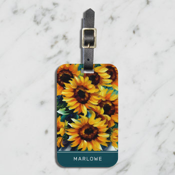 Impressionist Rustic Sunflowers Personalized Name Luggage Tag by DoodlesGiftShop at Zazzle