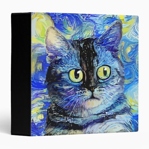 Impressionist Starry Night Tabby Cat Portrait 3 Ring Binder