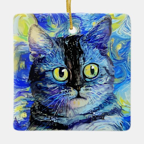 Impressionist Starry Night Tabby Cat Portrait Ceramic Ornament