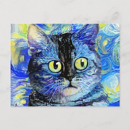 Impressionist Starry Night Tabby Cat Portrait Postcard
