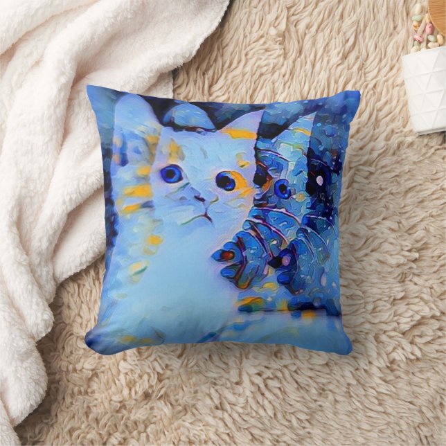 Impressionist Style Kitten Art for Cat Lovers Blue Throw Pillow (Blanket)