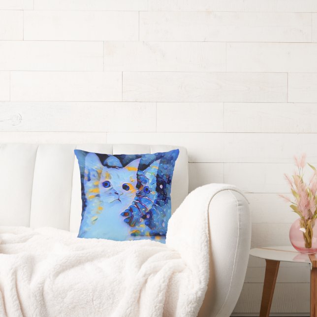 Impressionist Style Kitten Art for Cat Lovers Blue Throw Pillow (Couch)