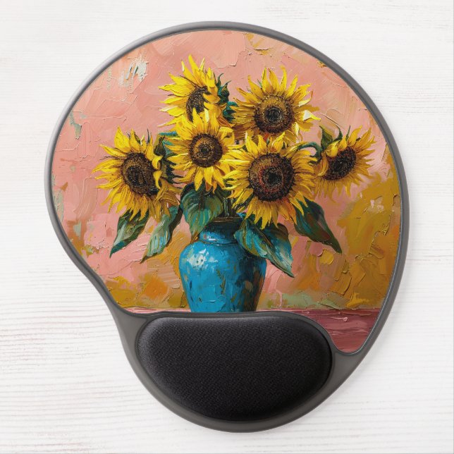 Impressionist Sunflowers in a Blue Vase Gel Mouse Pad (Front)