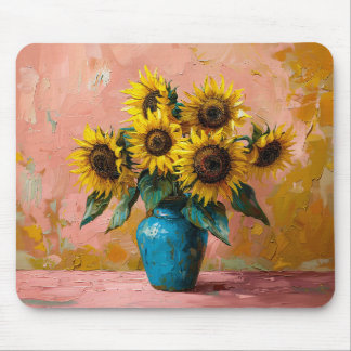 Impressionist Sunflowers in a Blue Vase Mouse Pad