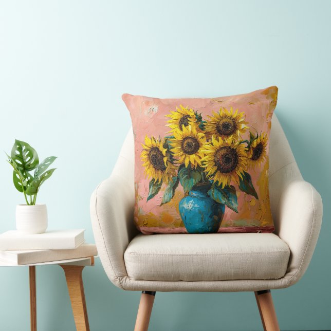 Impressionist Sunflowers in a Blue Vase Throw Pillow (Chair)